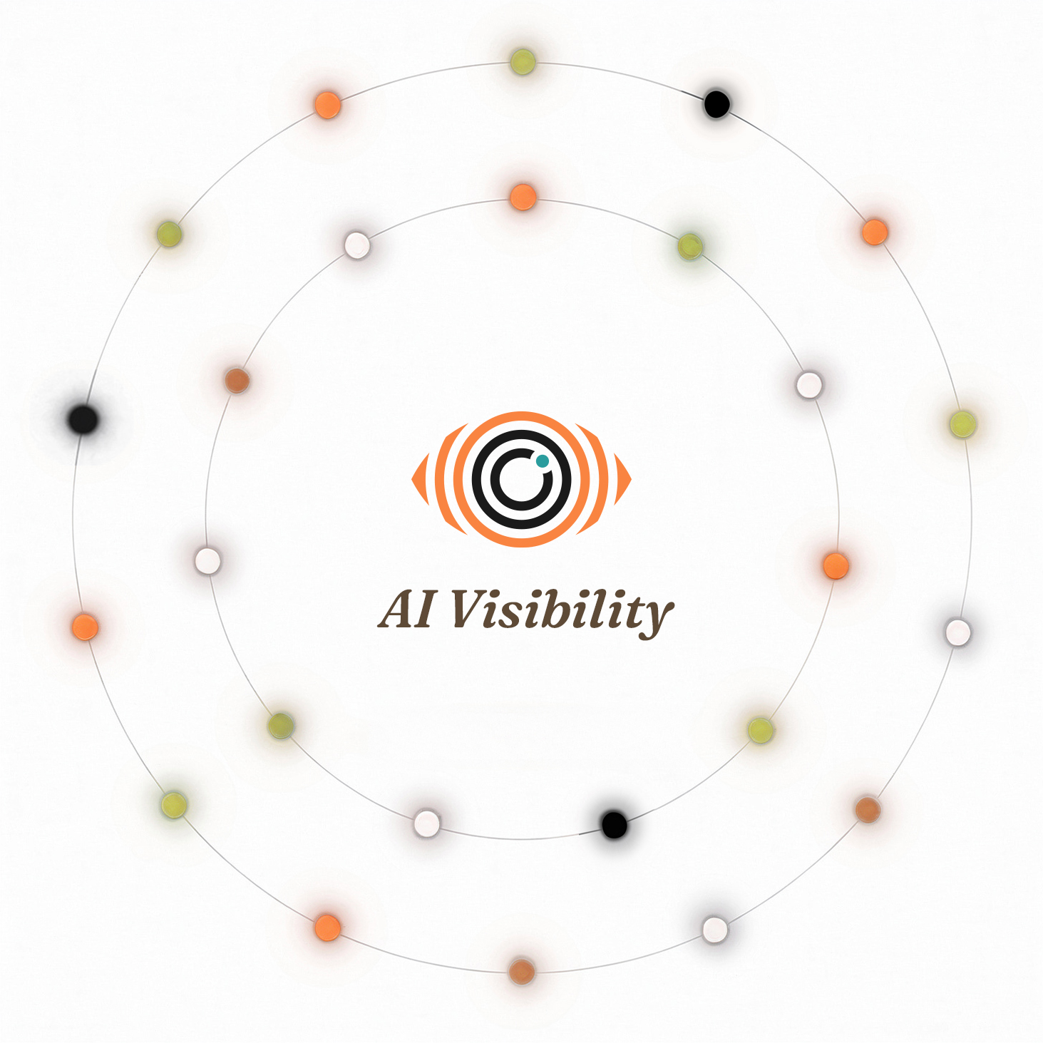 AI Visibility — orbital mark of citation signals surrounding the brand